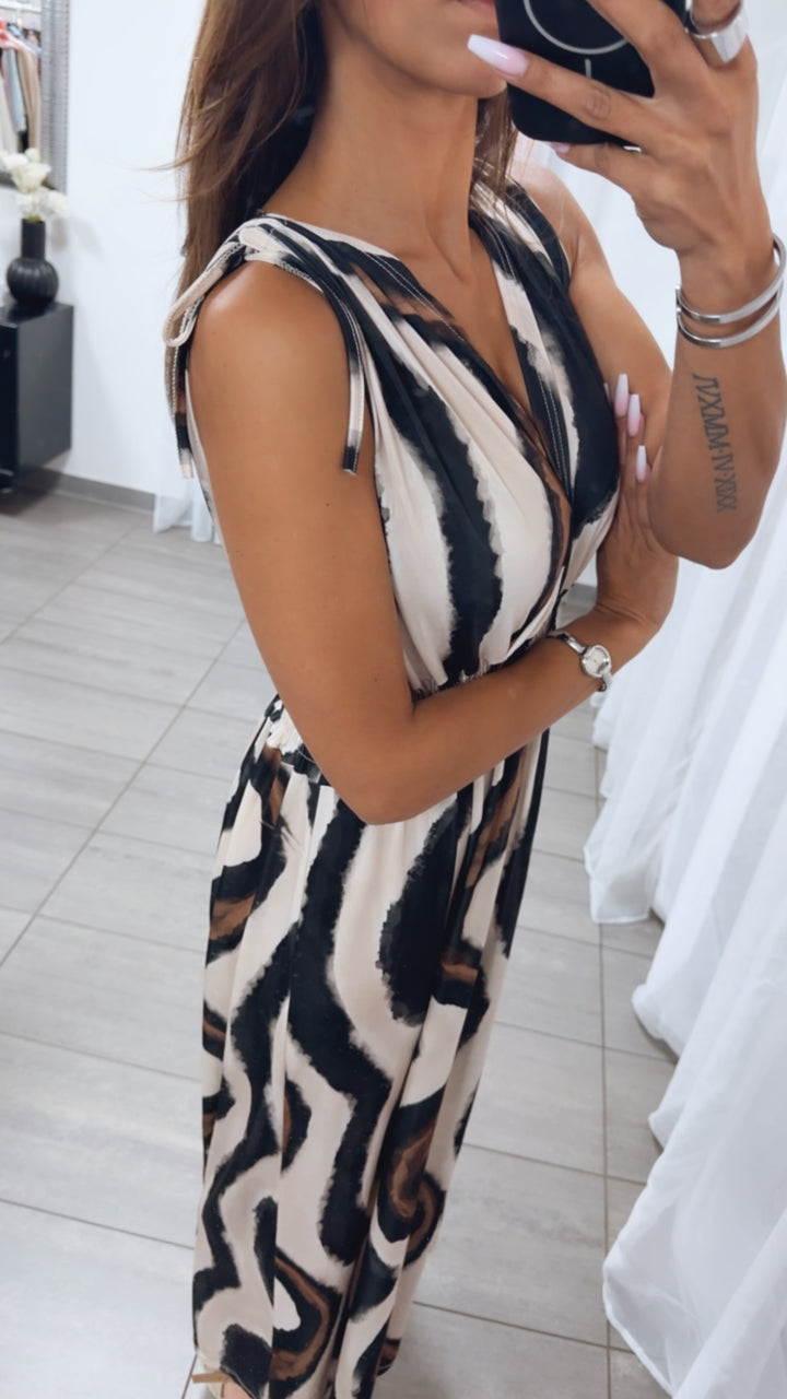 MAXI WELLEN Kleid mit breiten Trägern und geraffter Taille / beige - braun - schwarz Art.15060