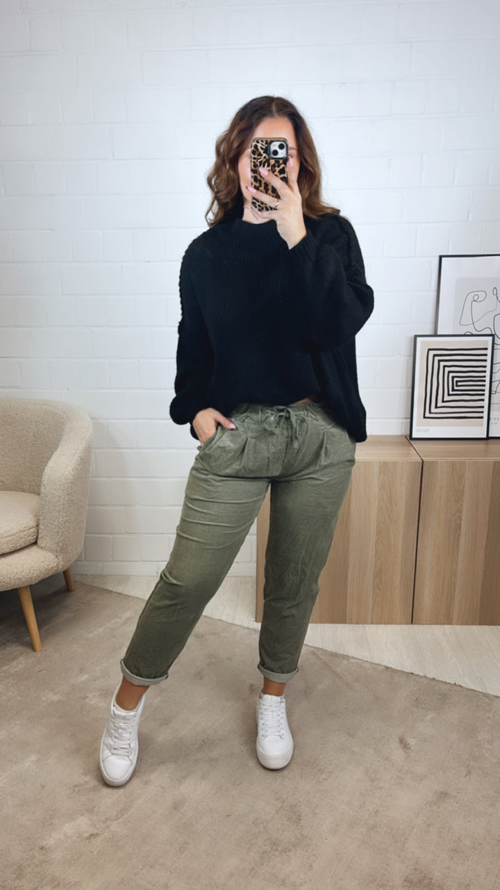 lockere Knitter Optik Hose im Velours Look / soft khaki Art. 12860