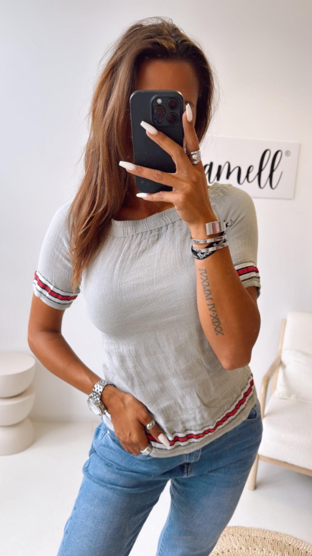 Off - Shoulder Baumwoll Oberteil, Streifen / hell grau Art. 10520