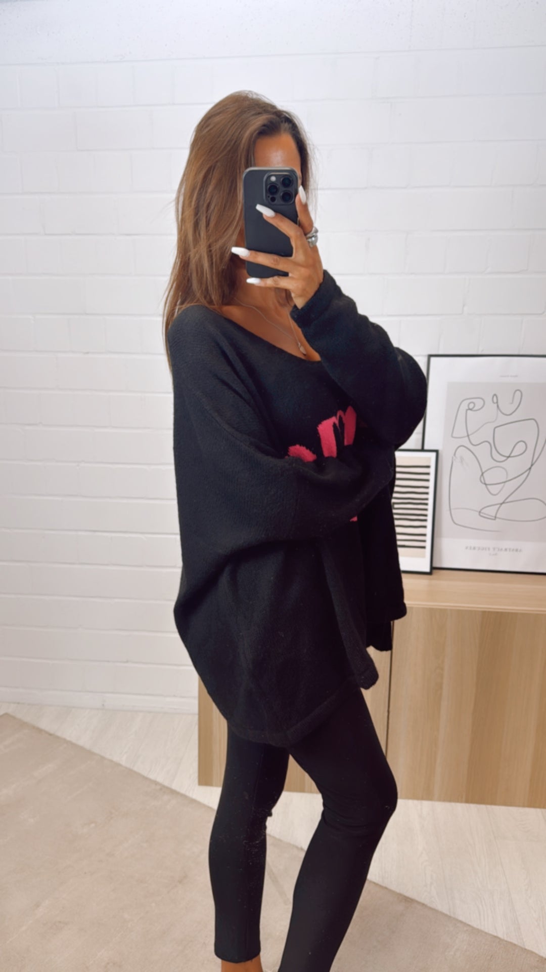 weiter Strick Pullover " Amour " /  schwarz - pink Art. 10798