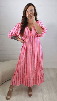 STREIFEN (Midi-) Musselin Kleid, V-Ausschnitt, 3/4 - Ärmel / rosa - neon pink - rot Art. 10005