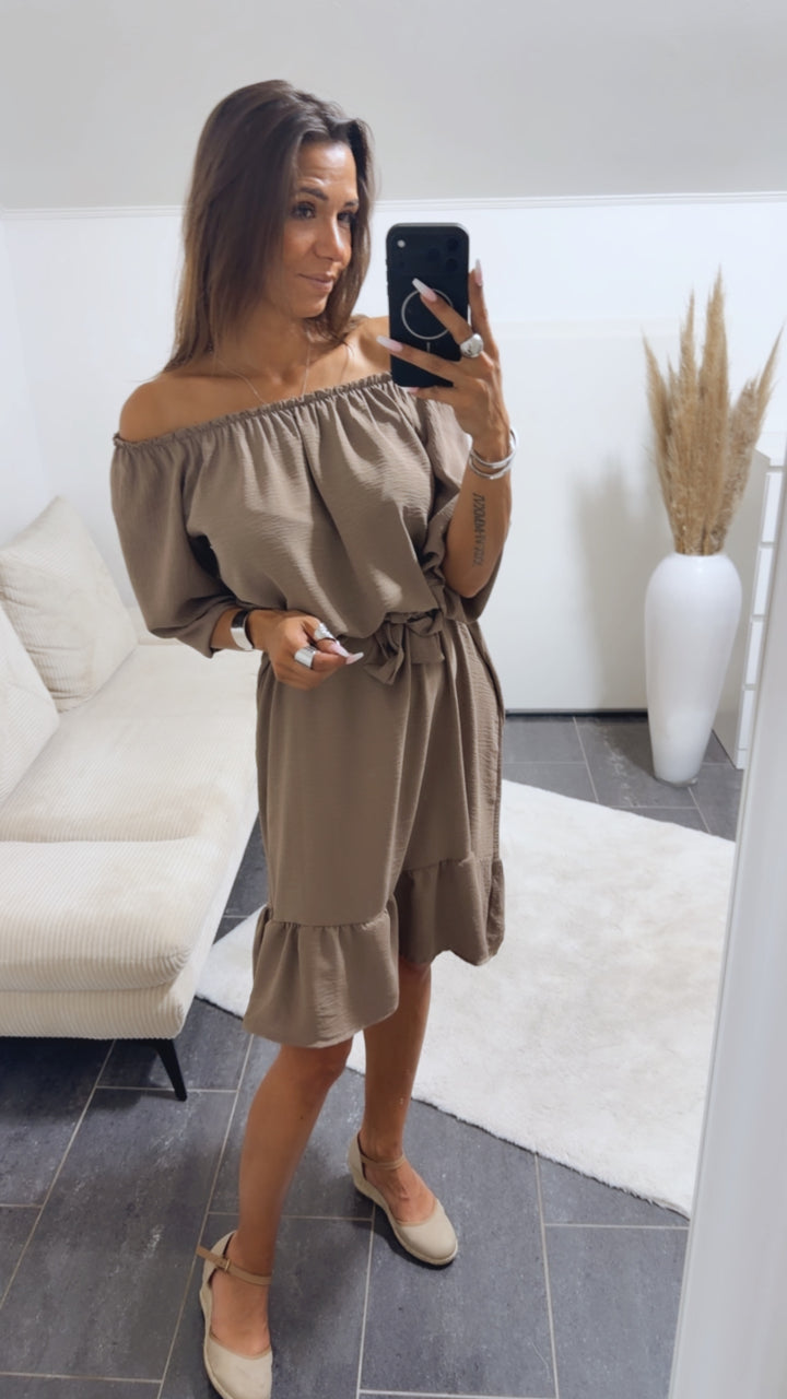 MIDI Off Shoulder Kleid mit Bindegürtel / taupe Art. 15016