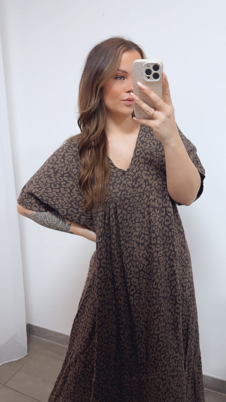 LEO langes Musselin Kleid, kurze Ärmel / dunkel braun - taupe Art. 14688