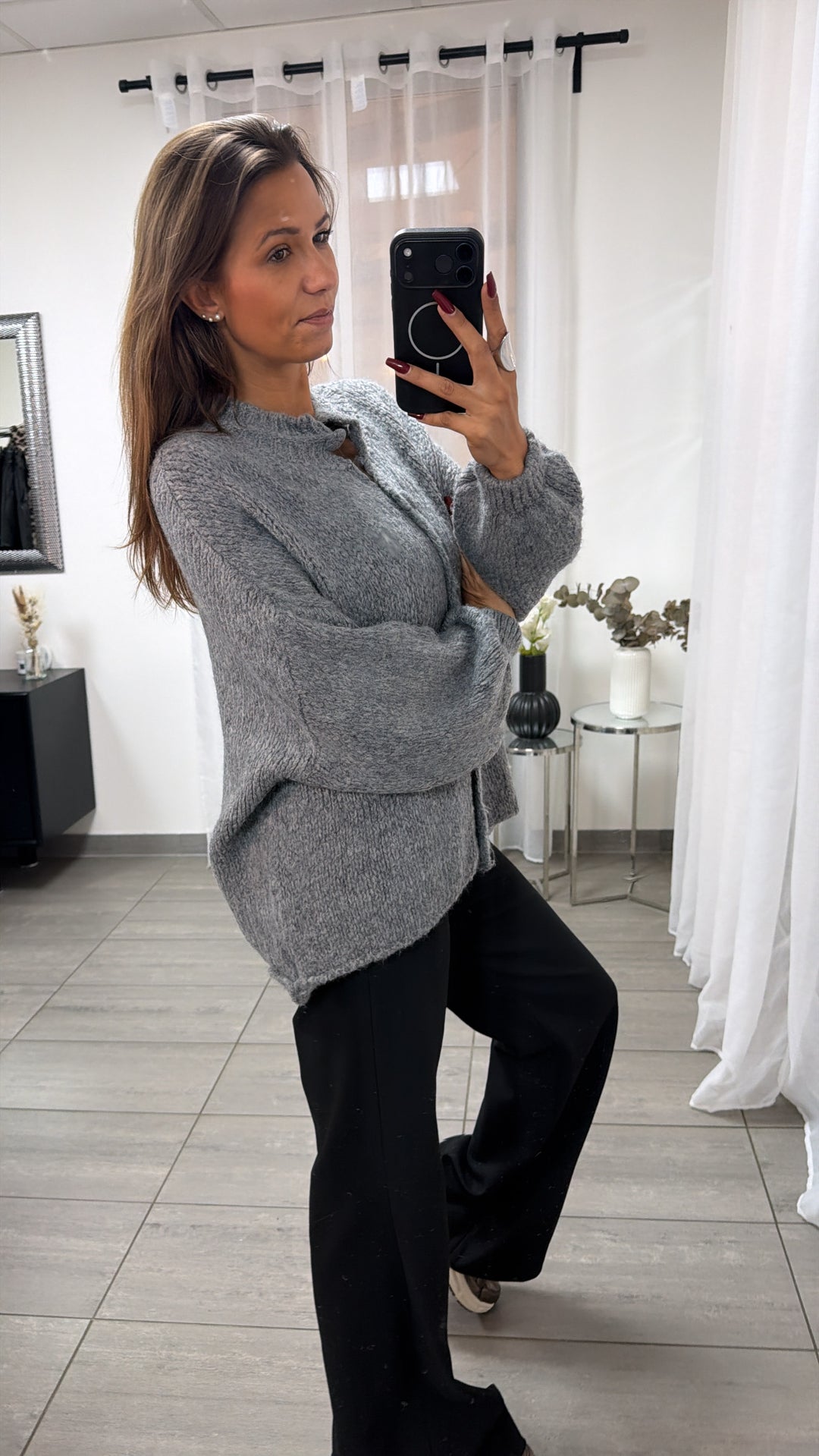 Oversize Strick Cardigan mit Taschen, Strick Knöpfe / dunkel grau Art. 16454