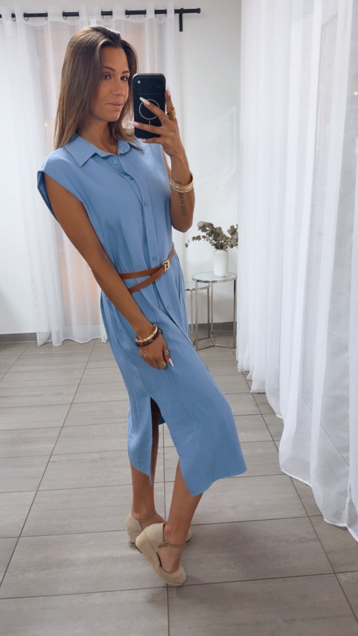 Ärmelloses Blusen Kleid mit Taillengürtel / tauben blau Art.15113