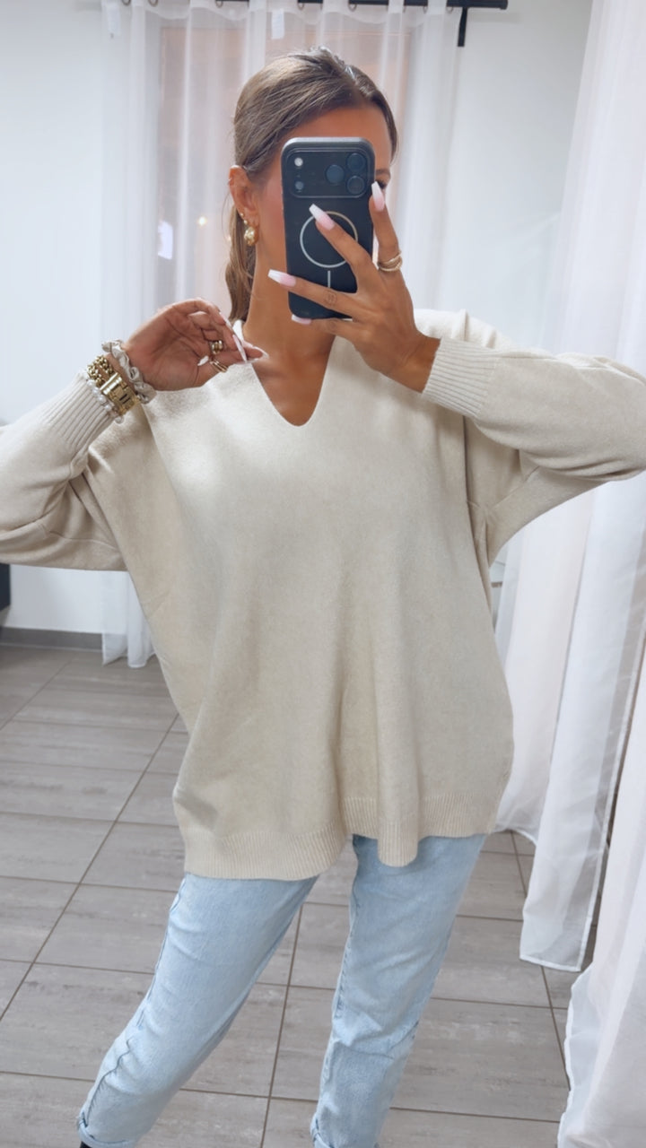 Viskose Mix Pullover mit V-Ausschnitt / beige Art. 16239