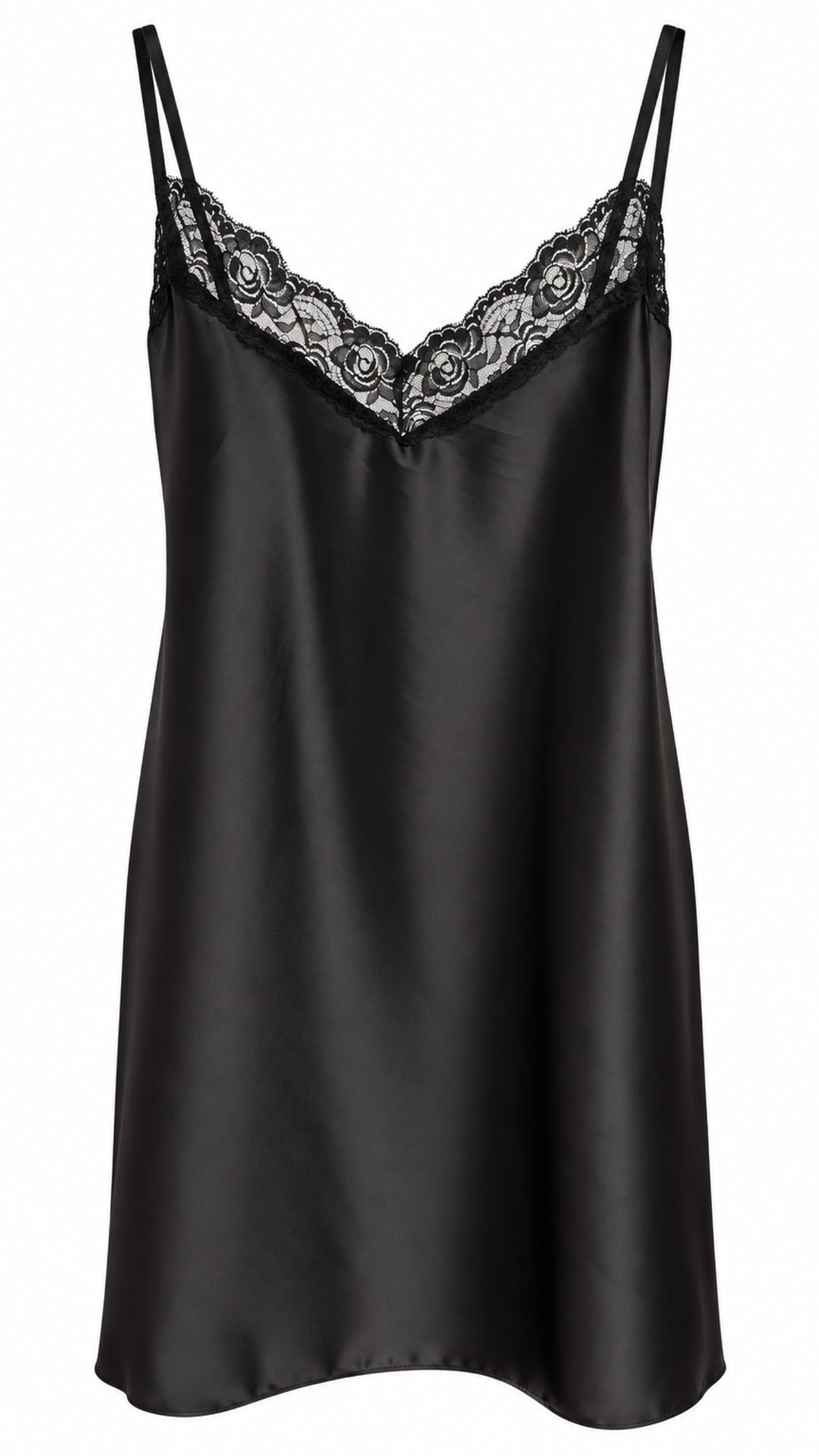 CURVY LONG Satin Top mit Spitze / schwarz Art. 16714