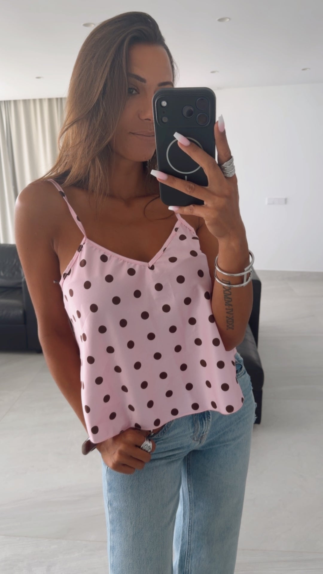 PUNKTE Satin Look Top / soft pink - braun Art. 15942