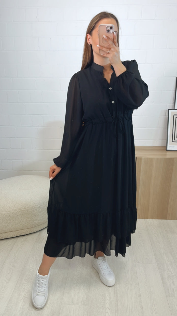 (Maxi-) Chiffon Kleid mit verstellbarer Taille / schwarz Art. 9786