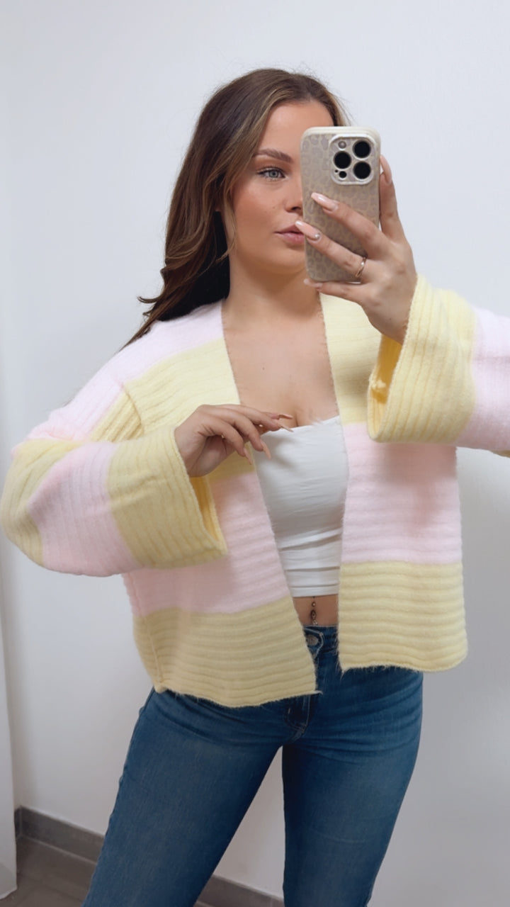 STREIFEN weiter, offener Cardigan / soft rosa - soft gelb Art. 14684