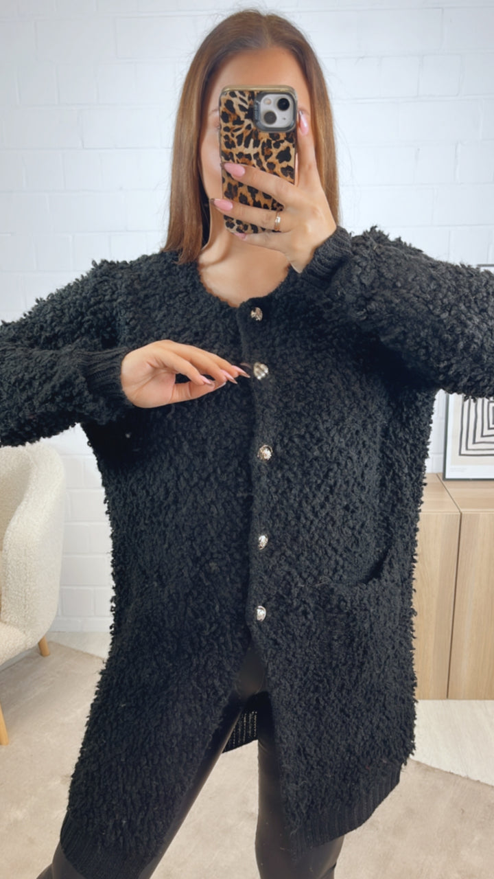 TEDDY langer Cardigan mit gold - silbernen Knöpfen, Taschen / schwarz Art. 12835