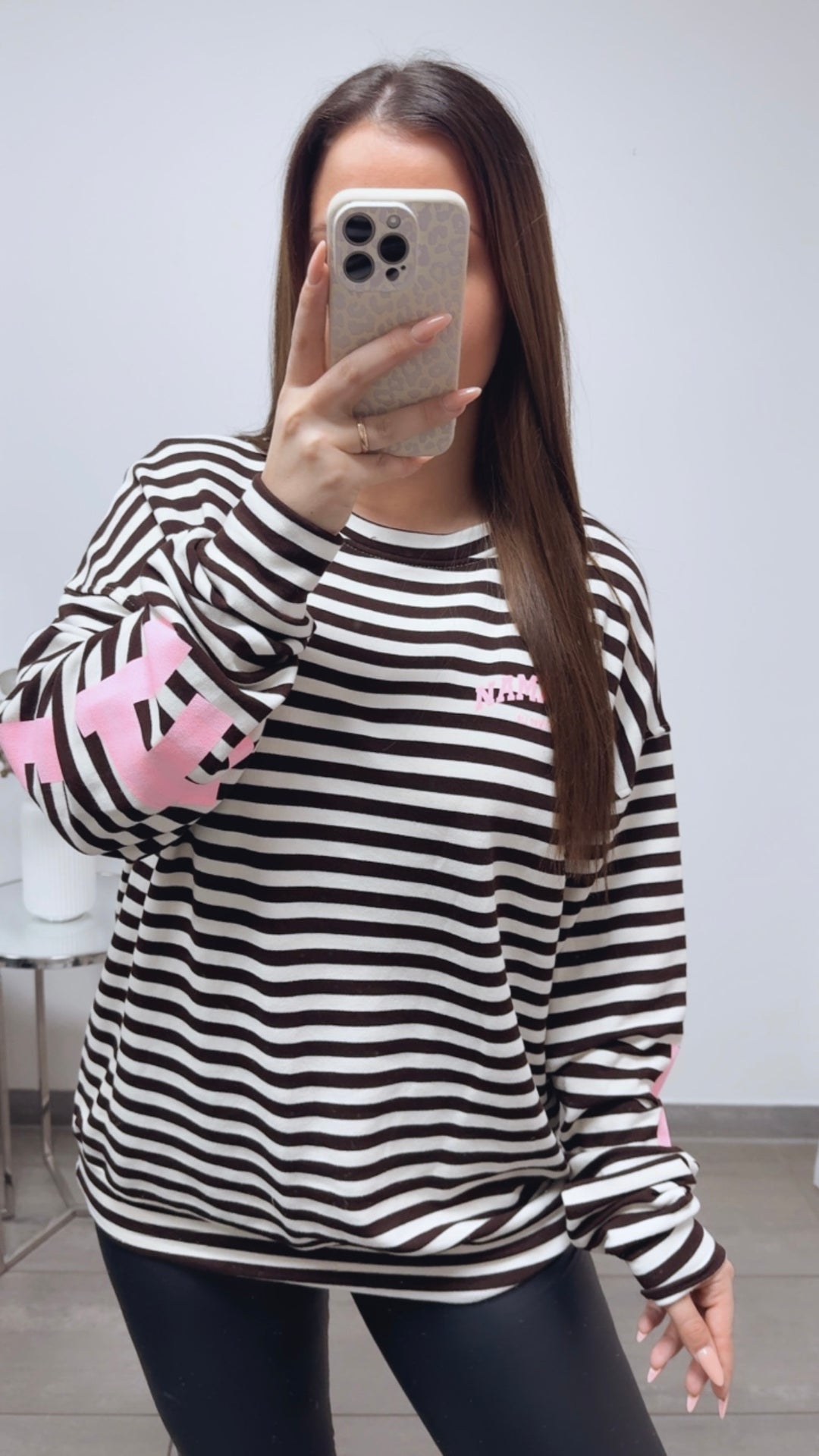 BREITE STREIFEN Pullover " all damn day " / creme - dunkel braun - soft rosa Art. 13707