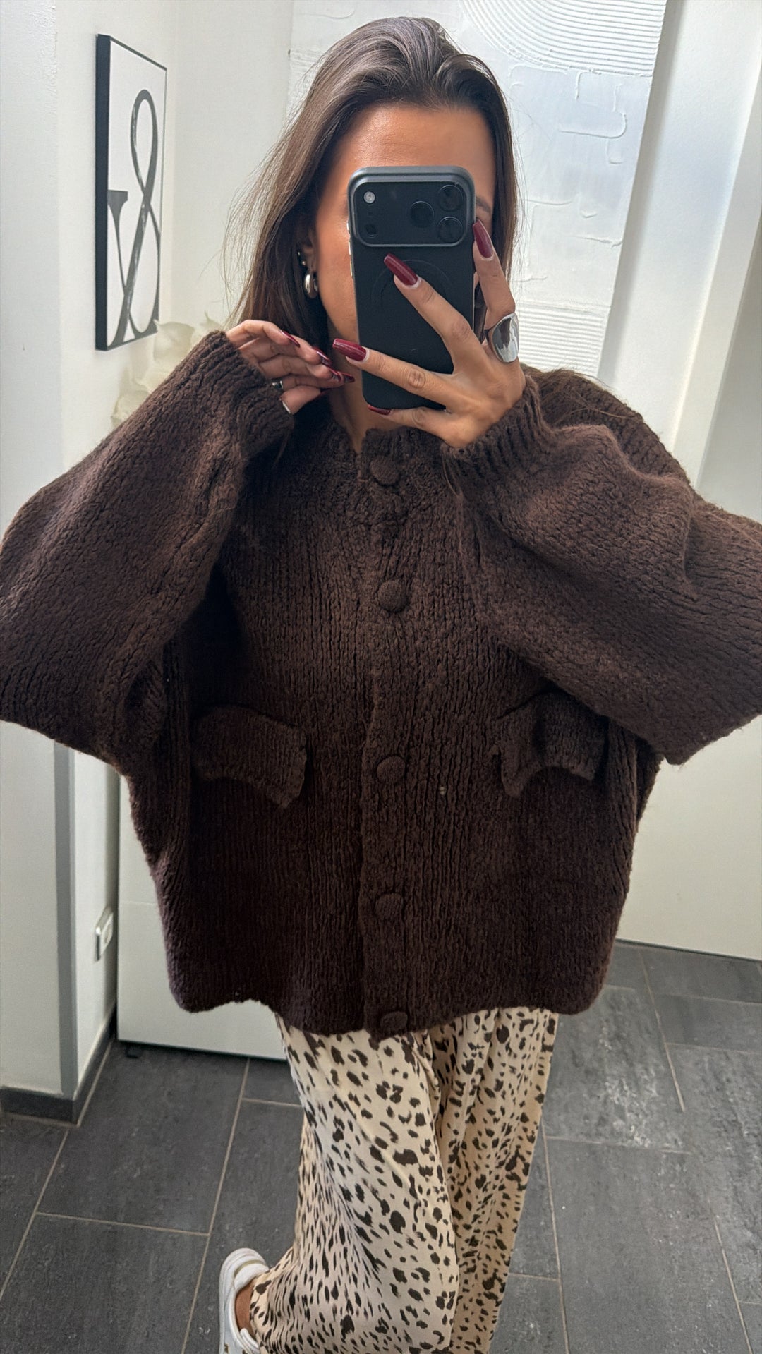 Oversize Strick Cardigan mit Taschen, Strick Knöpfe / Schoko braun Art. 16455