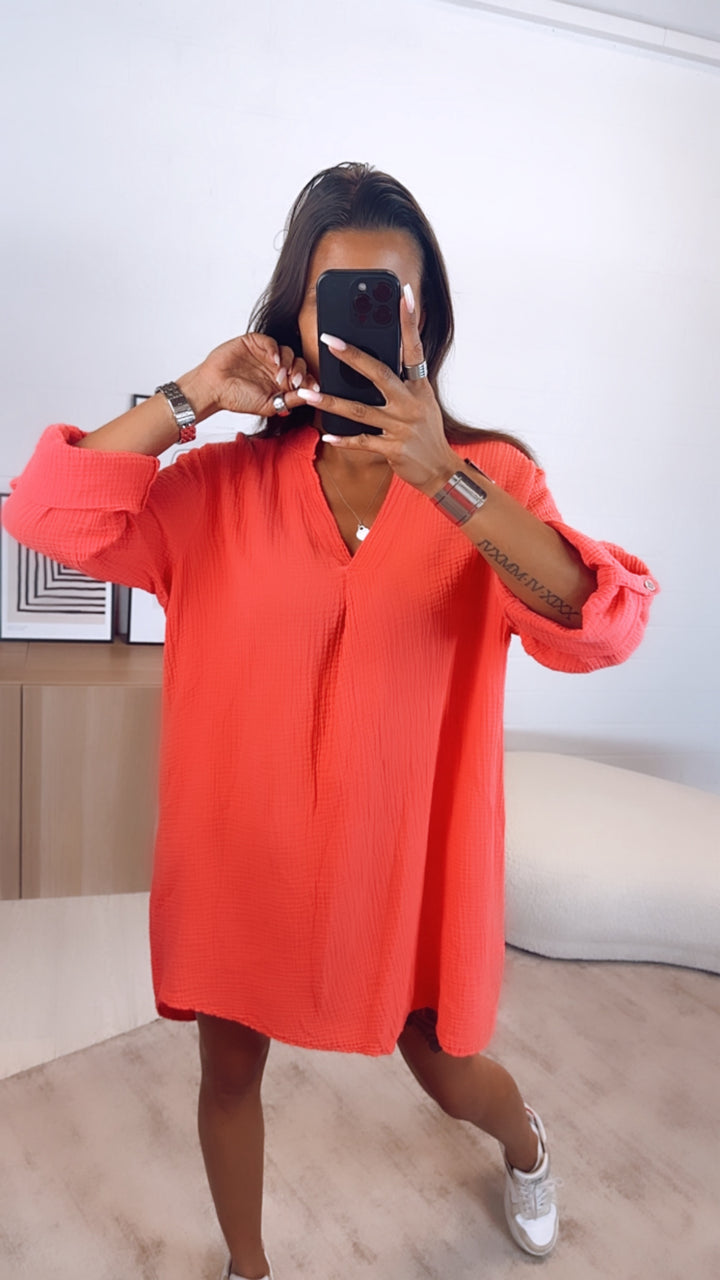 BLUSENKLEID Musselin mit V-Ausschnitt / coral Art. 10995