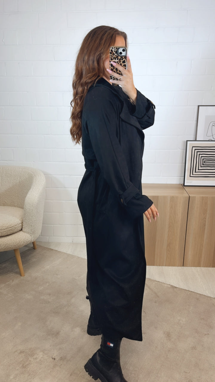 VELOURS langer Trenchcoat Mantel zum SCHNÜREN / schwarz Art. 12608