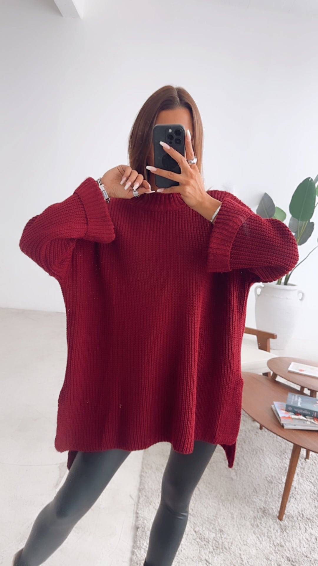 Stehkragen Oversize Pullover mit Schlitz weinrot 3540 โ mamell