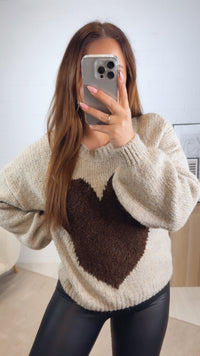 Strick Pullover mit Teddy Herz / beige - schoko braun Art. 13087