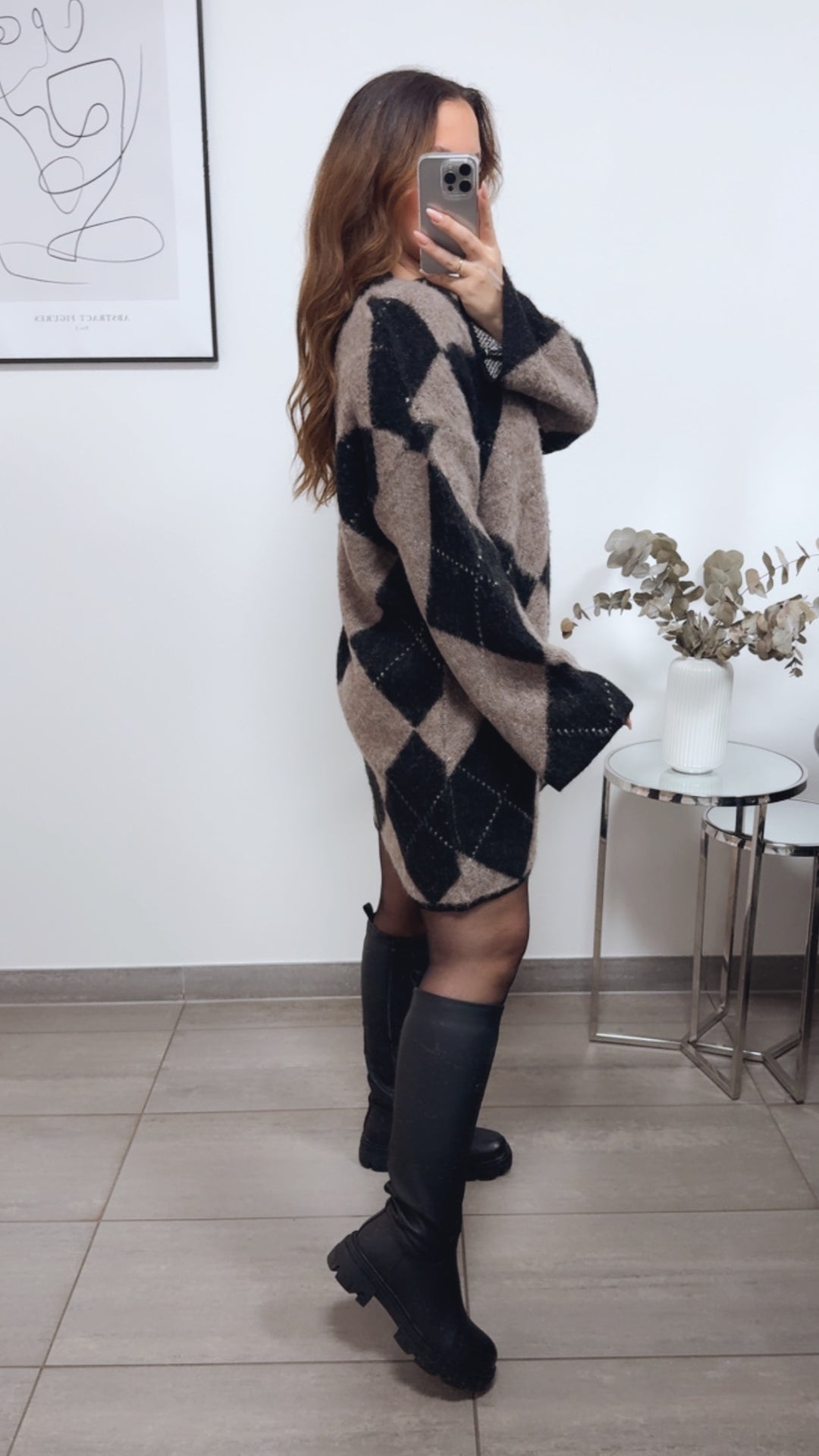 ARGYLE flauschiges Strick Kleid / schwarz - braun meliert - weiss Art. 13165