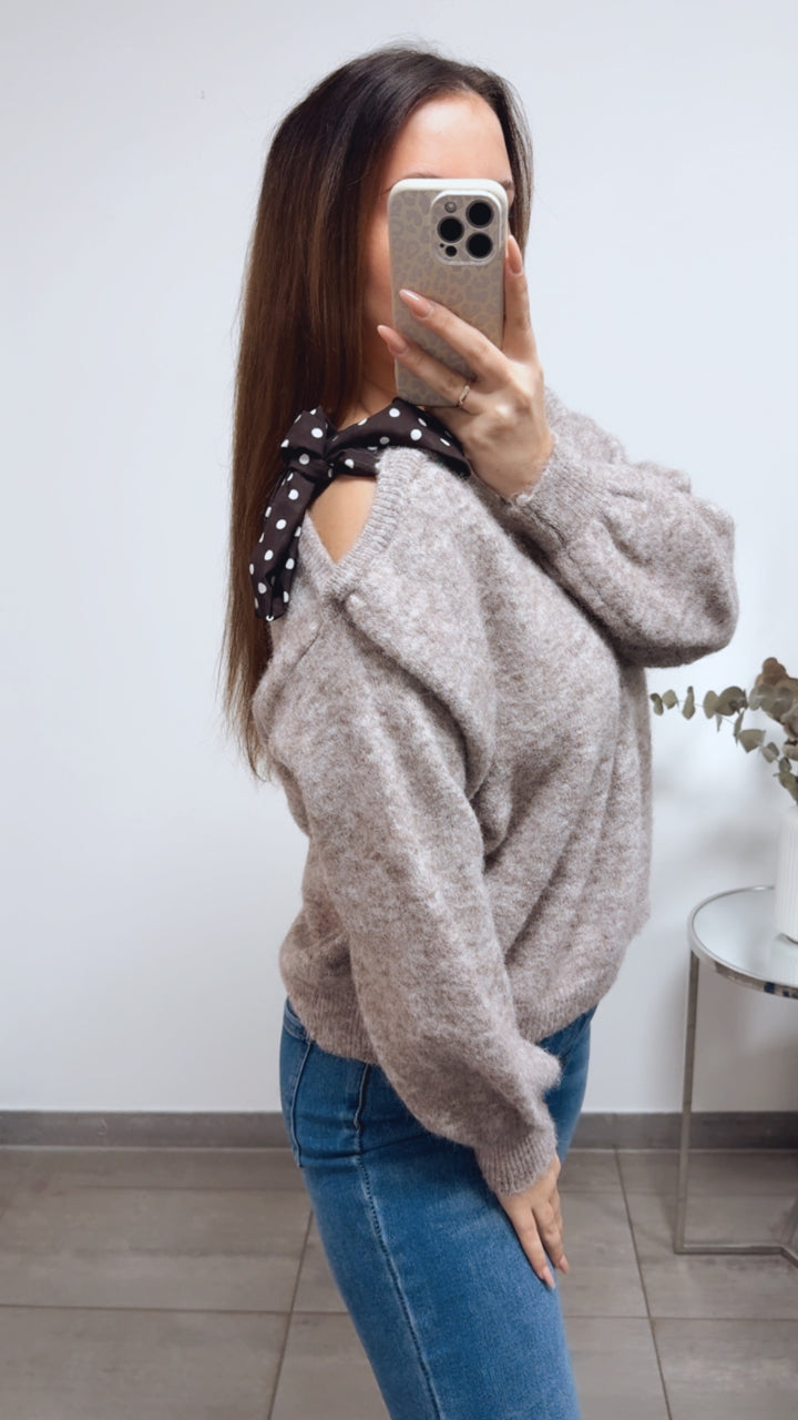 ONE SHOULDER Pullover, Punkte Schleife / taupe - creme meliert Art. 13815