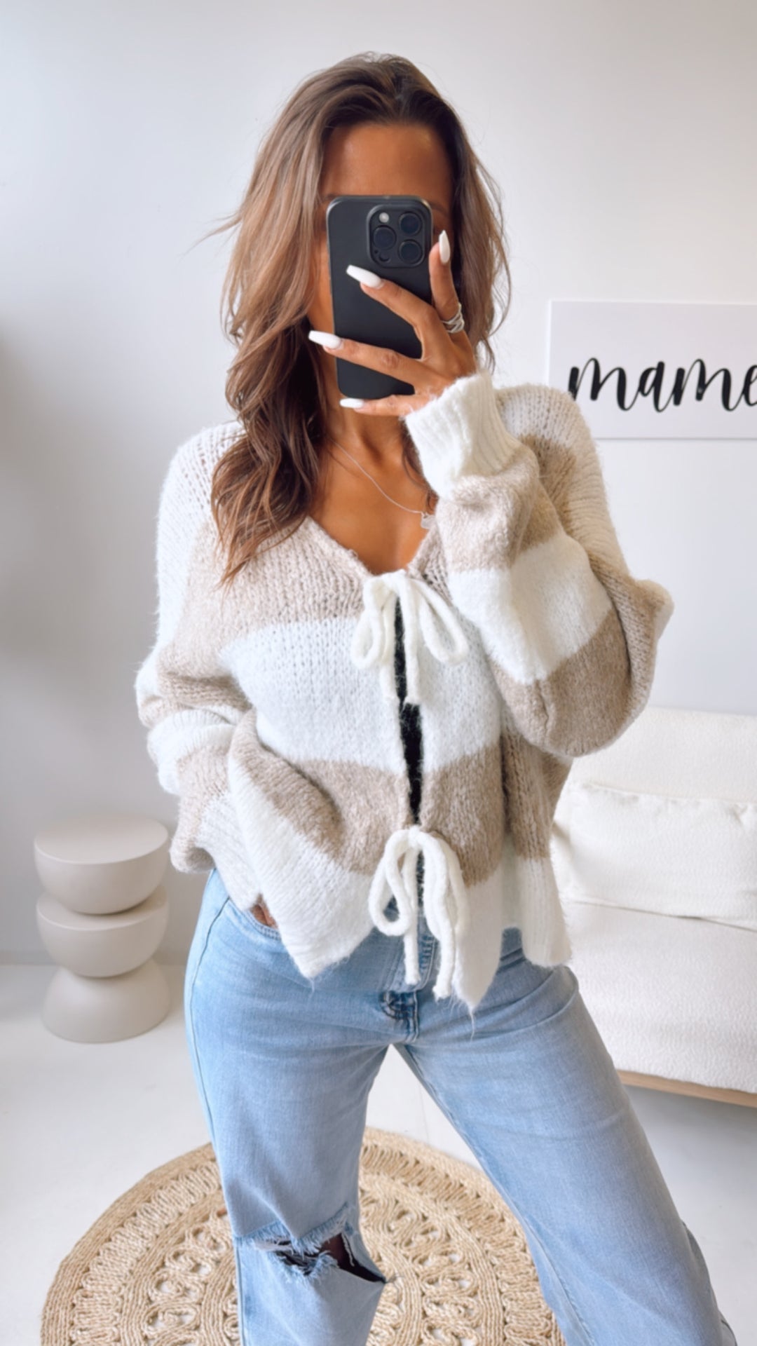 STREIFEN Strick Cardigan zum schnüren / beige - wollweiss Art. 10816
