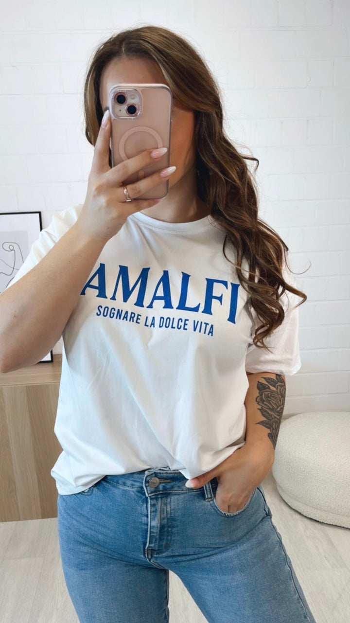 T-shirt mit Schriftzug / weiss - royal blau Art. 9402