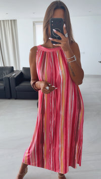 LINIEN Maxi A-Linien Kleid, Neckholder / pink - rosa - gelb - braun Art. 15991