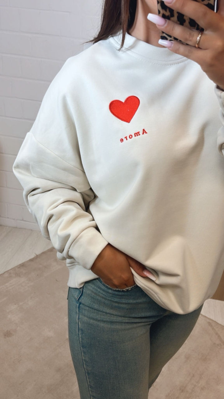 oversize Pullover " Amore " / beige - rot Art. 12286