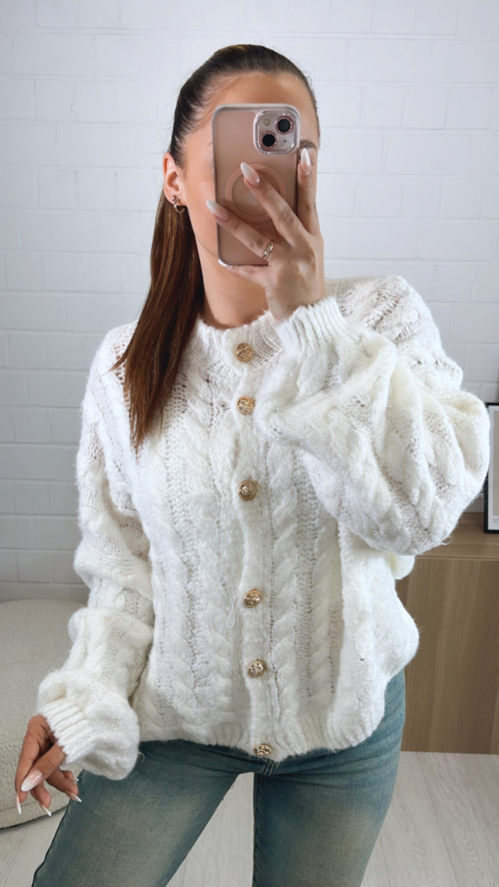 ZOPFMUSTER Strick Cardigan, goldene Knöpfe / weiss Art. 9447