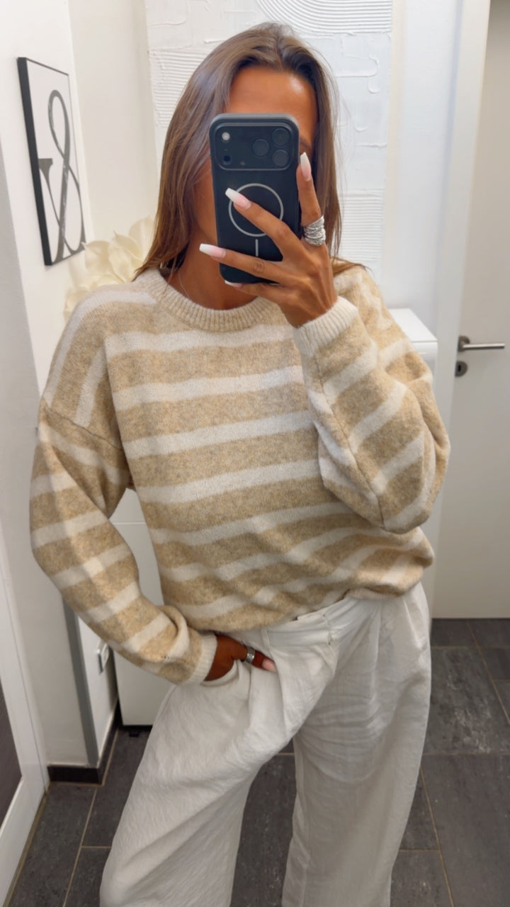 gestreifter, weicher Strick Pullover / beige - weiss Art. 16118