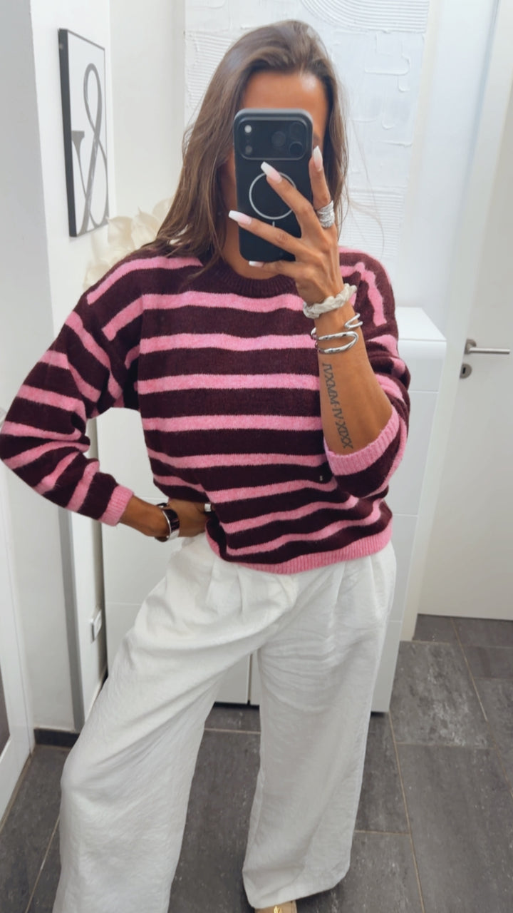 gestreifter, weicher Strick Pullover / burgundy - pink Art. 16120