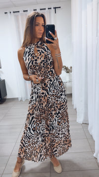 PLISSEE MAXI Kleid Leo / creme - braun - schwarz Art.15109