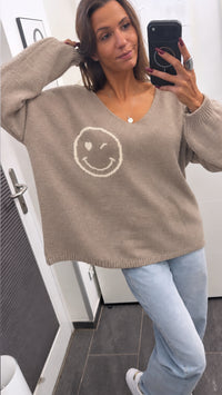 SMILEY Strick Pullover " all good " / beige - weiss Art. 16442