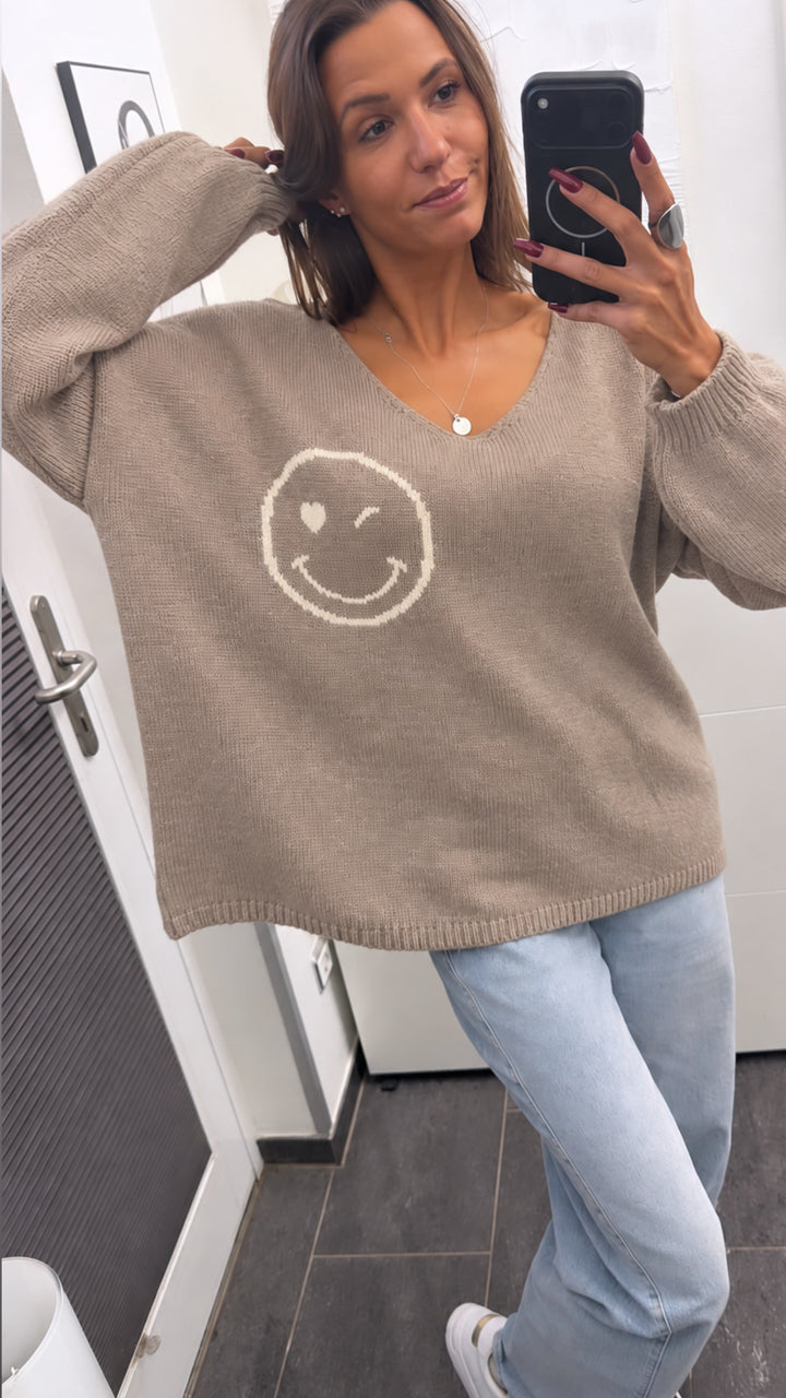 SMILEY Strick Pullover " all good " / beige - weiss Art. 16442