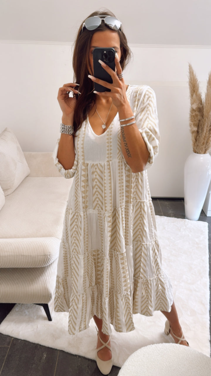 (Midi-) PREMIUM Summer Vibe Kleid / weiss - beige Art. 9166