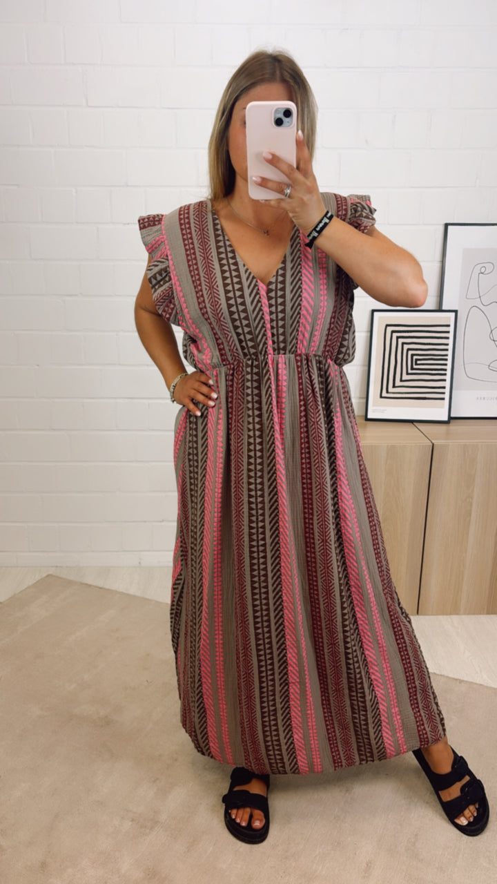 MUSTER (Midi-) Musselin Kleid mit Volant Schultern / taupe - pink - braun - rot Art. 10867