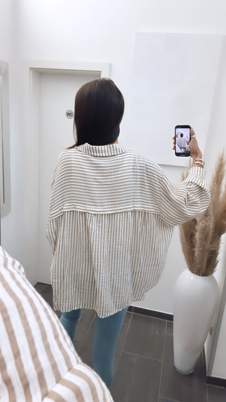 KURZE Oversize Musselin Bluse mit Streifen / weiss - dunkel beige Art. 5696