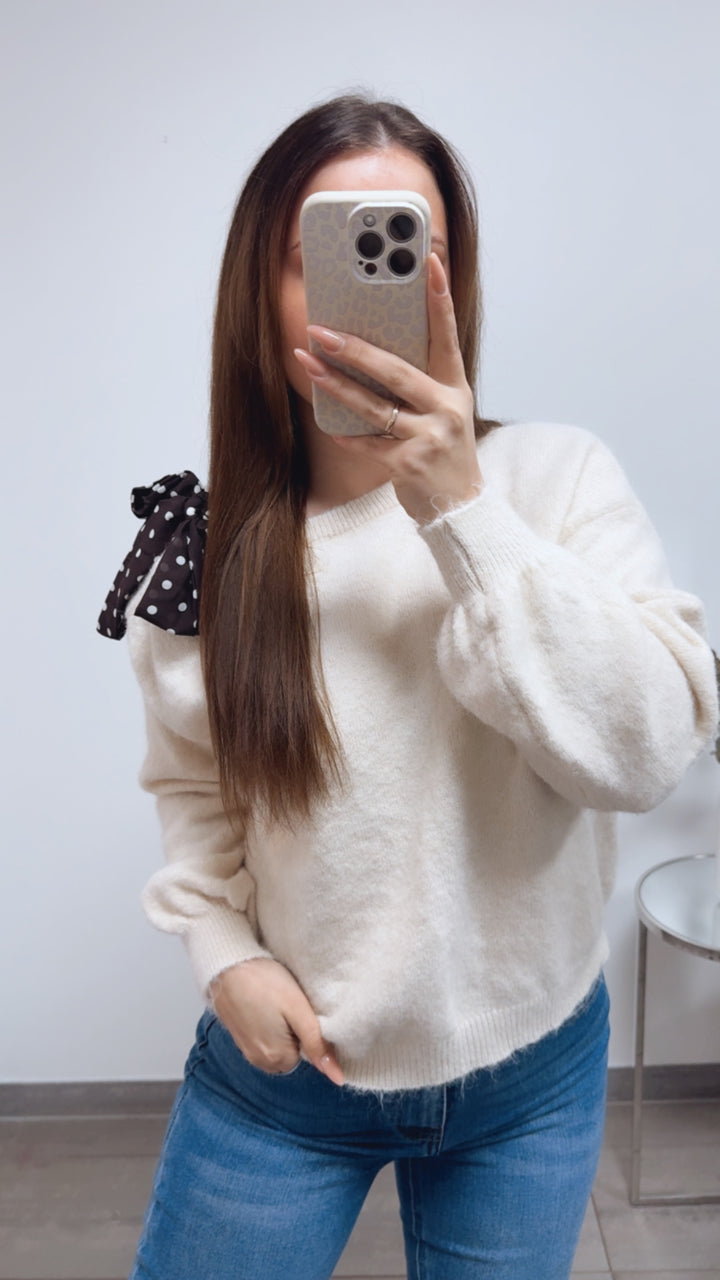 ONE SHOULDER Pullover, Punkte Schleife / wollweiss creme Art. 13816