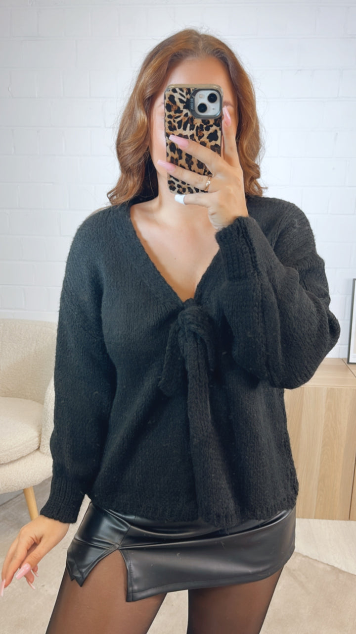schlichter Strick Cardigan mit einer Schleife / schwarz Art. 12613
