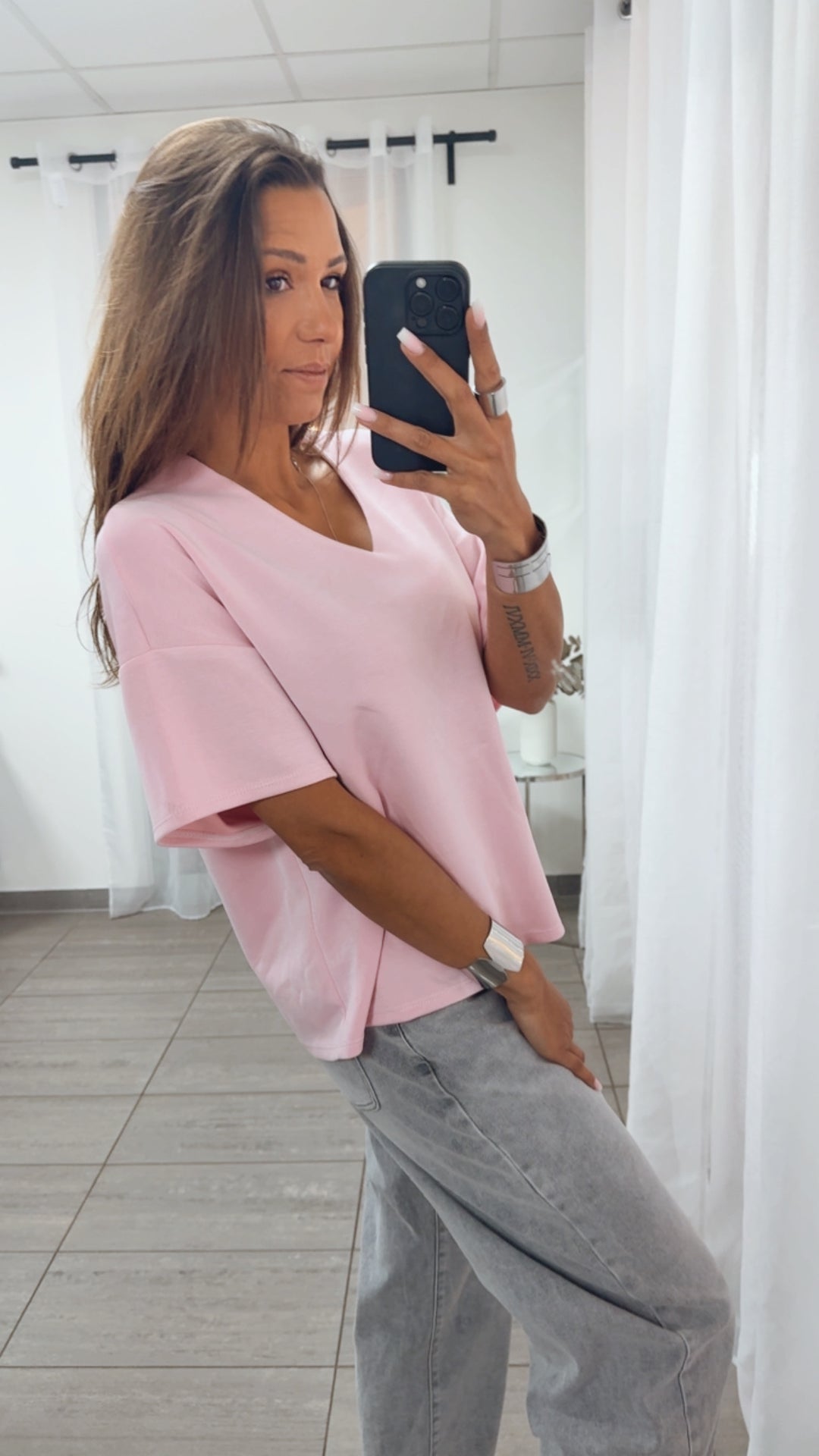 V-Ausschnitt Butterstoff T-Shirt / rosa Art.14831