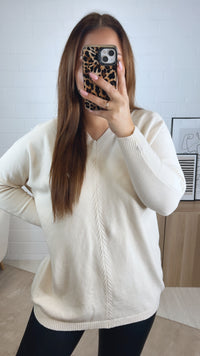 V-Ausschnitt, längerer Pullover mit Akzenten / creme Art. 13037