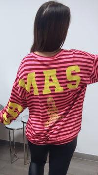 BREITE STREIFEN Pullover " all damn day " / bordeaux rot - pink - neon gelb Art. 13706