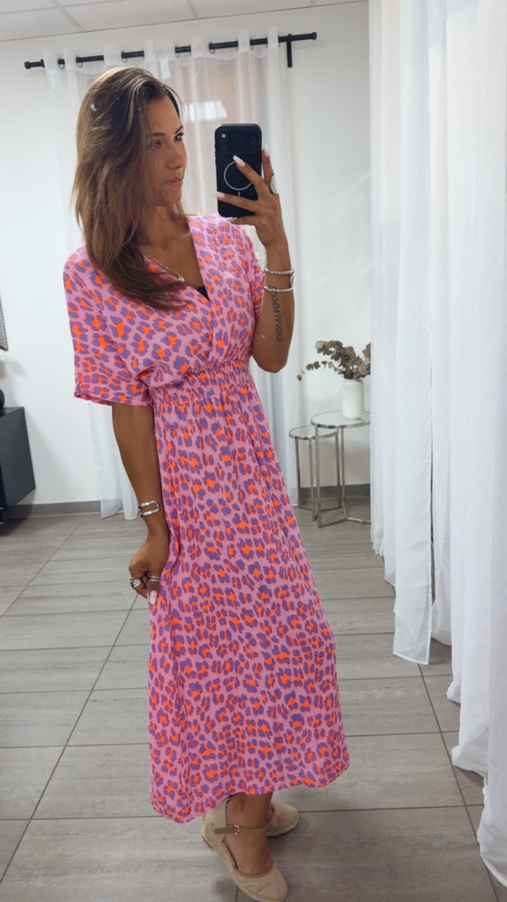 LEO Musselin Midi Sommerkleid, geraffte Taille / Beere - lila - Neon orange Art. 15447