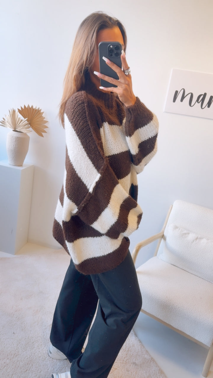 STREIFEN Ultra Oversize Kuschel - Pullover / Schoko braun - wollweiss Art. 12775