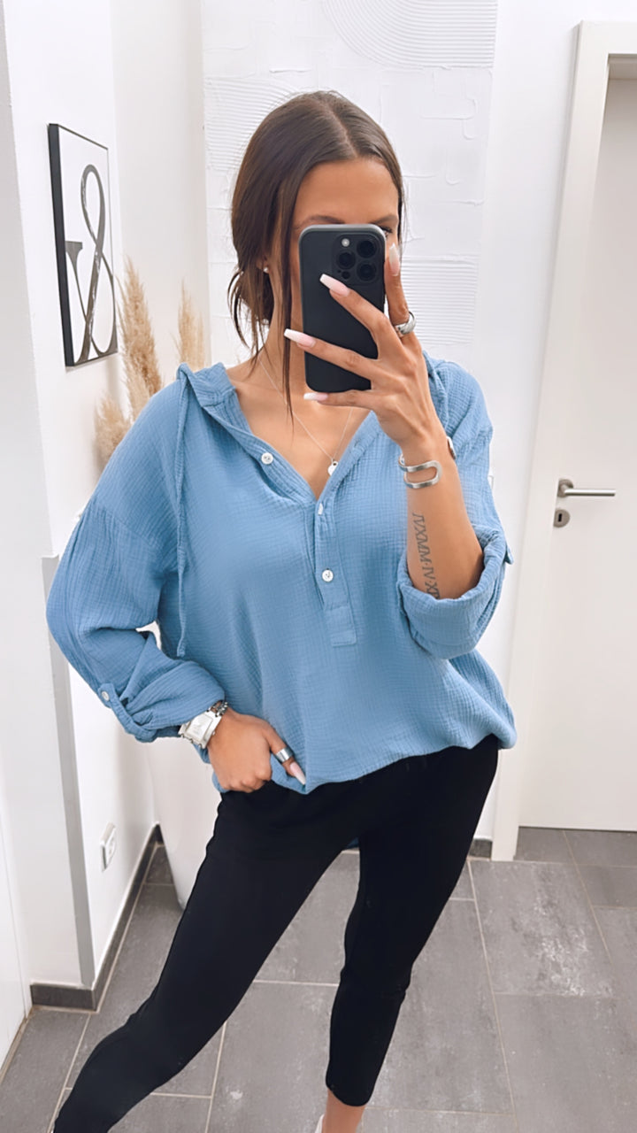 Kapuzen Musselin Bluse / taubenblau Art. 6061