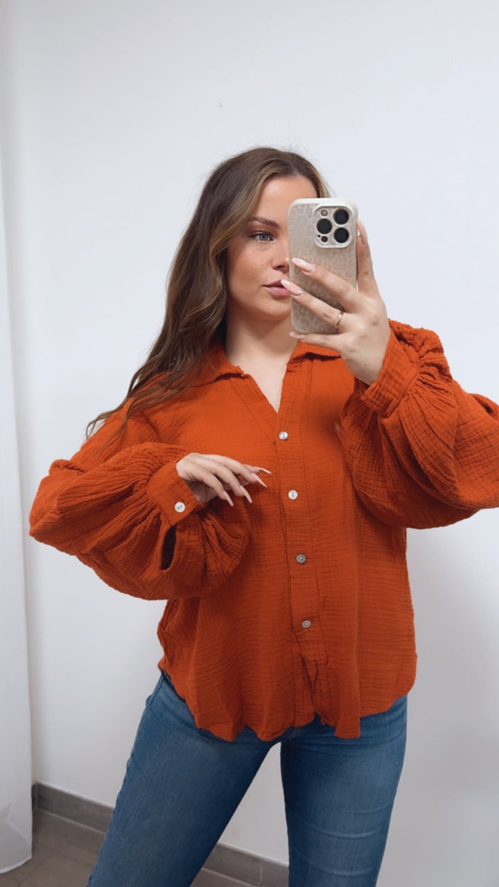 KURZE Oversize Musselin Bluse BALLONÄRMEL / orange Art. 14724