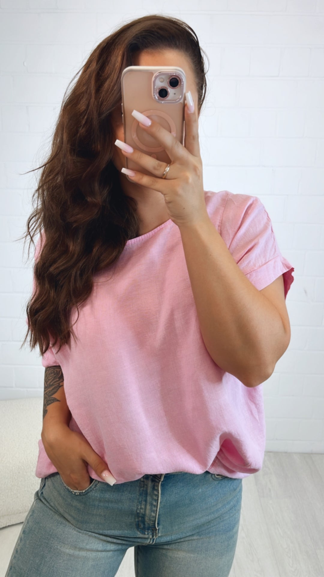 Leinen Mix Long T-shirt mit Patch/ soft pink Art. 10637