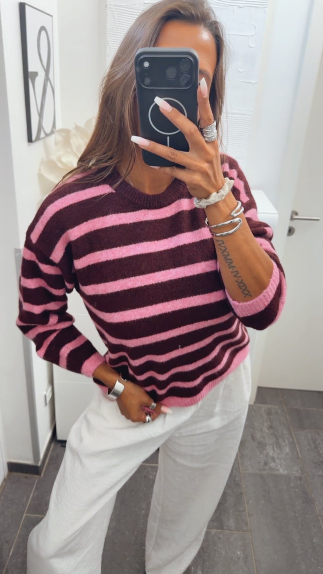 gestreifter, weicher Strick Pullover / burgundy - pink Art. 16120
