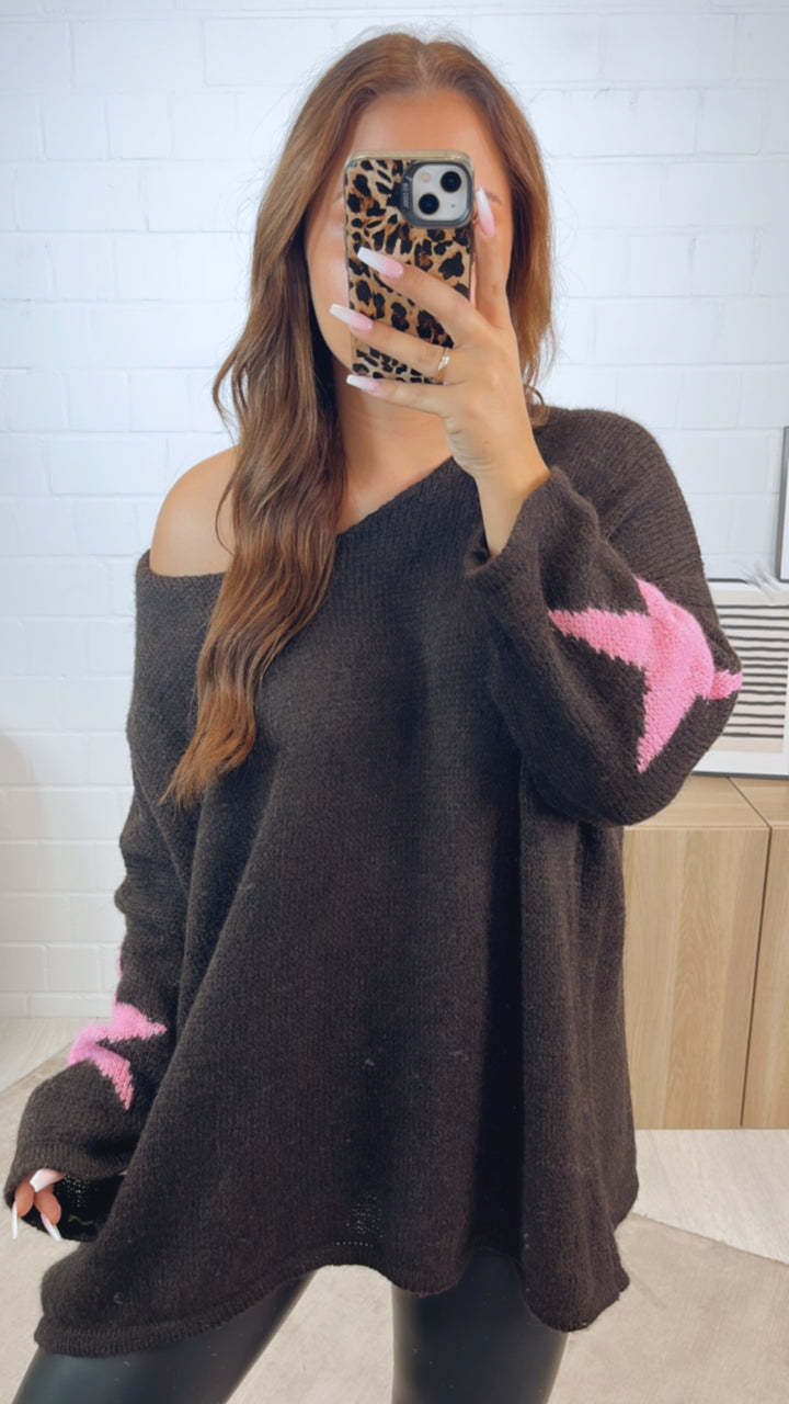 ultra oversize Strick Pullover " Take It Easy " / dunkel braun - pink Art. 12332