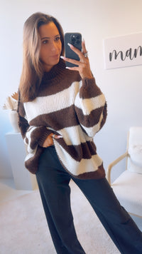 STREIFEN Ultra Oversize Kuschel - Pullover / Schoko braun - wollweiss Art. 12775