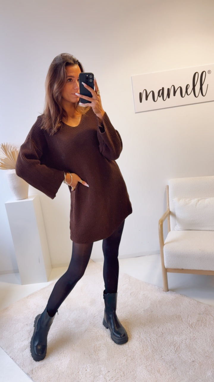 gradliniges Strick Kleid mit weitem Arm, V-Ausschnitt / schoko Braun Art. 12767